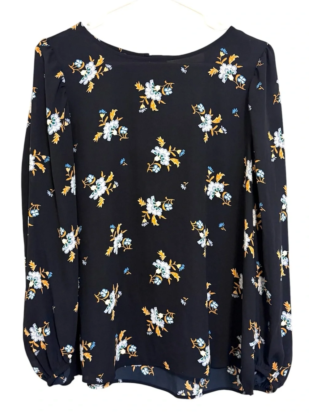 2/$30 LOFT Navy Blue Floral Long Sleeve Blouse Size Medium Puff Sleeve Boho Top